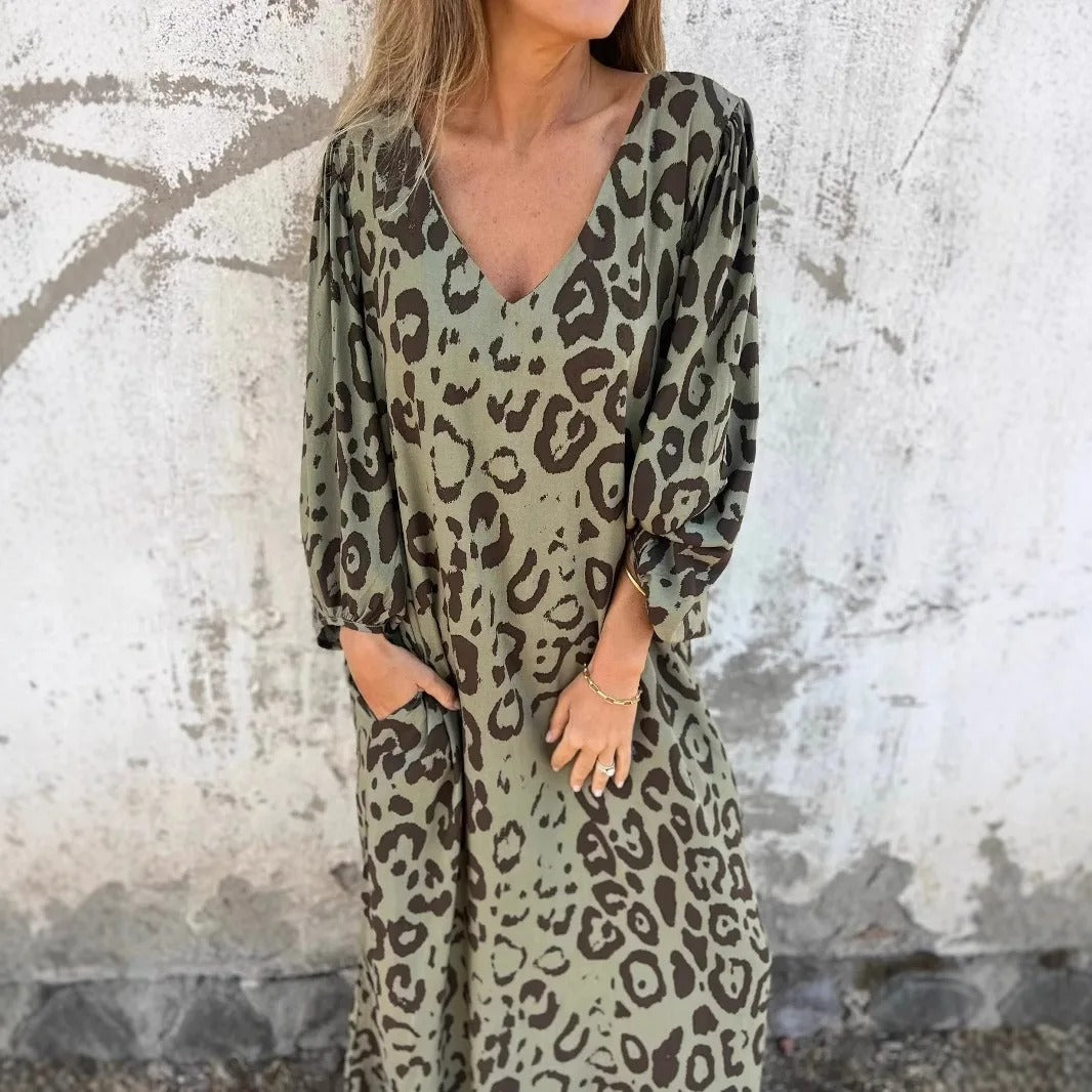 Retro Leopard Print V-Neck Dress