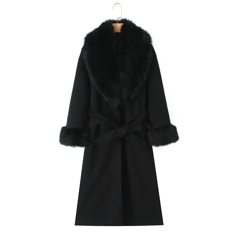 Women Long Jacket Big Fur Collar Belt Wool Coat