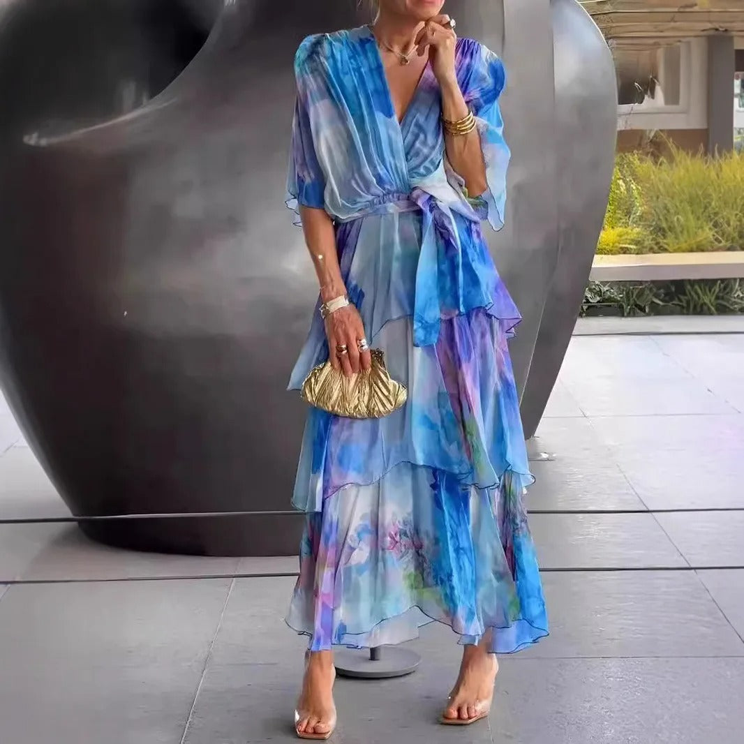 Elegant Ruffle Chiffon Lace-Up Dress