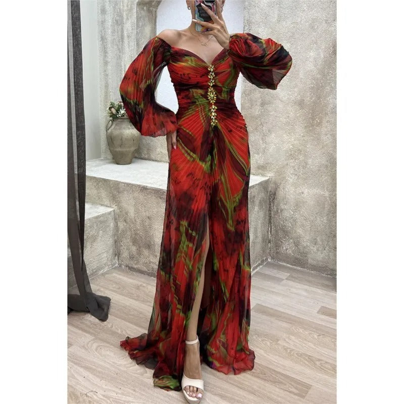 Glam V-Neck Floral Split Dress