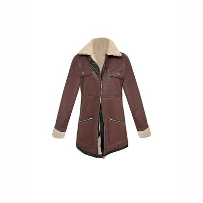 Zipper Composite Fur Turn-Down Collar Coat