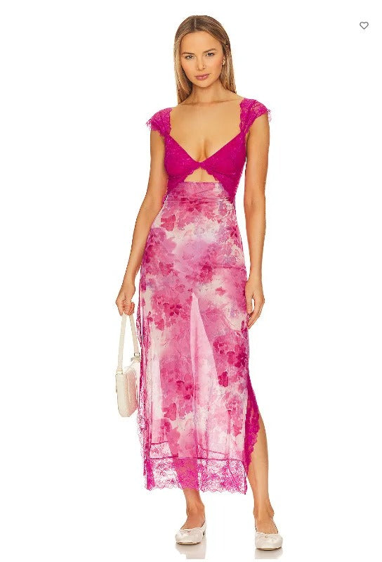 Rose Whisper Lace Floral Slit Dress