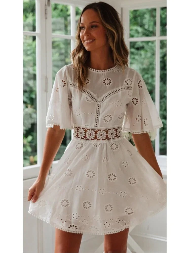 Embroidered Bloom Backless Cotton Dress