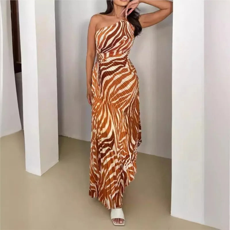 Boho One-Shoulder Lace-Up Maxi Dress