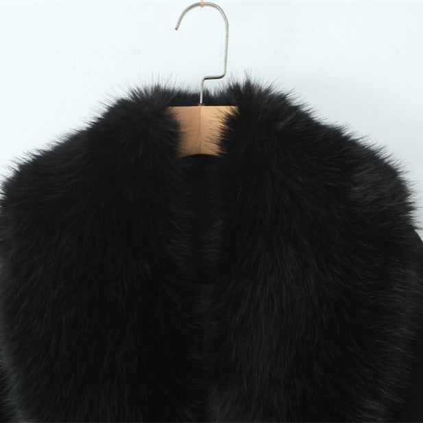 Women Long Jacket Big Fur Collar Belt Wool Coat