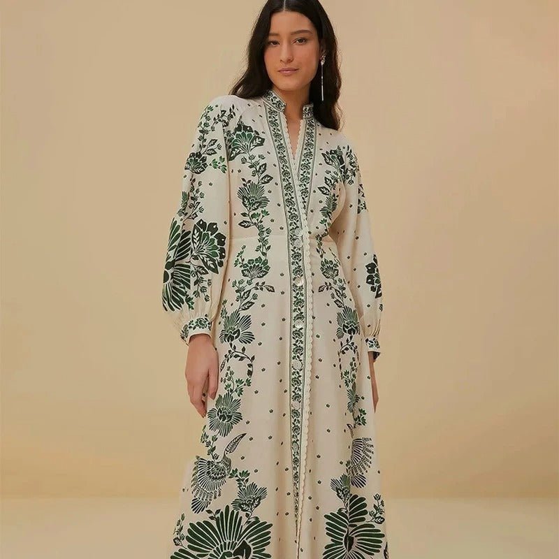 Emerald Glow Women's V-Neck Boho Maxi Dress