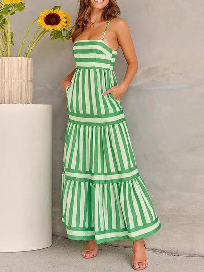 Chic Striped Tiered Midi Slip Dress