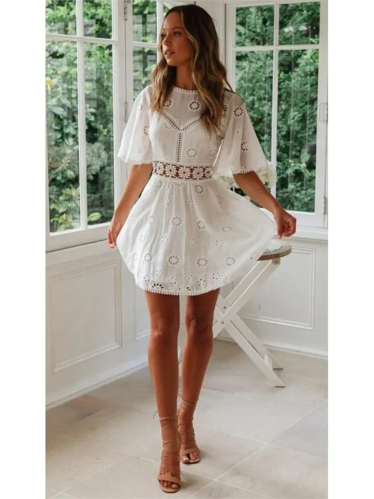 Embroidered Bloom Backless Cotton Dress
