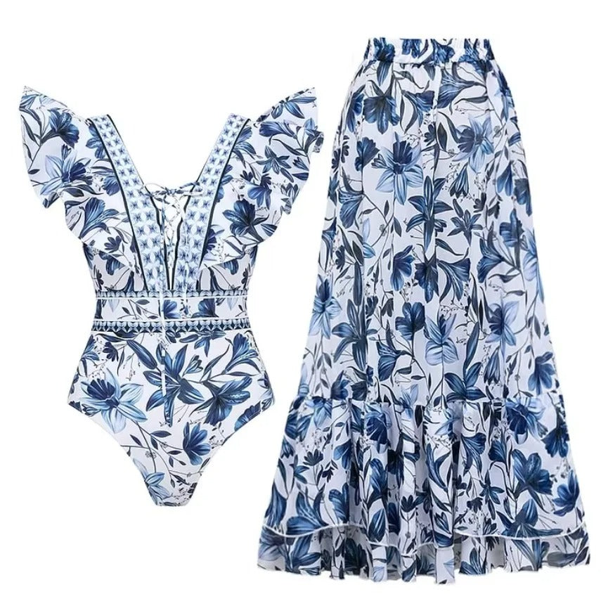 Flaxmaker Vintage Printed Swimsuit and Sarong