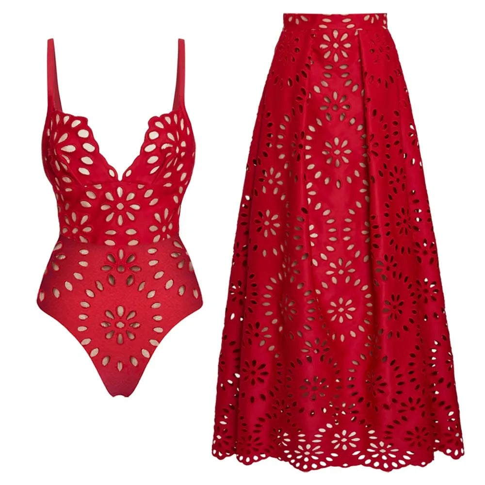 Flaxmaker Floral Hollow Swimsuit