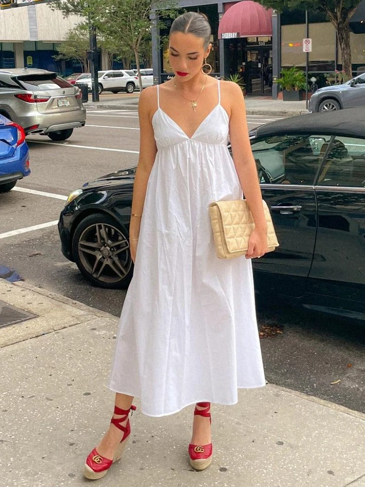 ZBZA Backless V-Neck Midi Dress