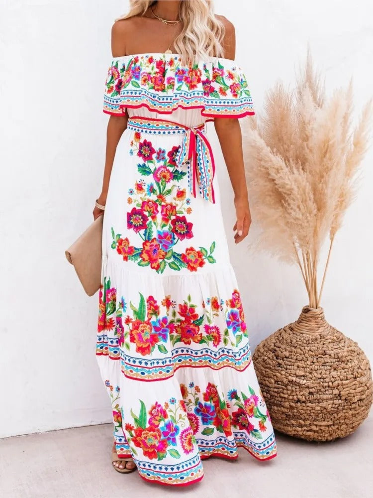 Red Bloom One-Shoulder Swing Dress