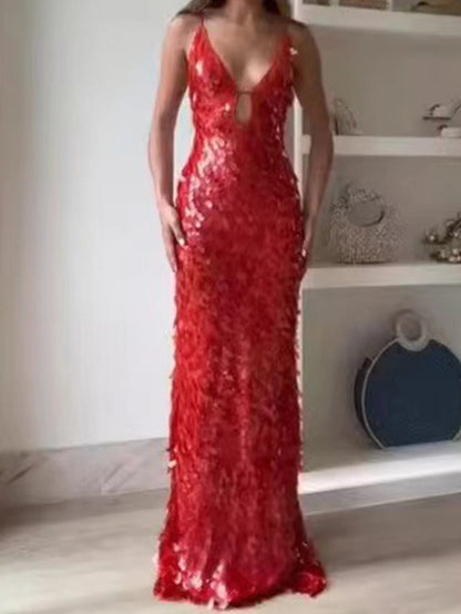 Red Sequin Backless Maxi Dress
