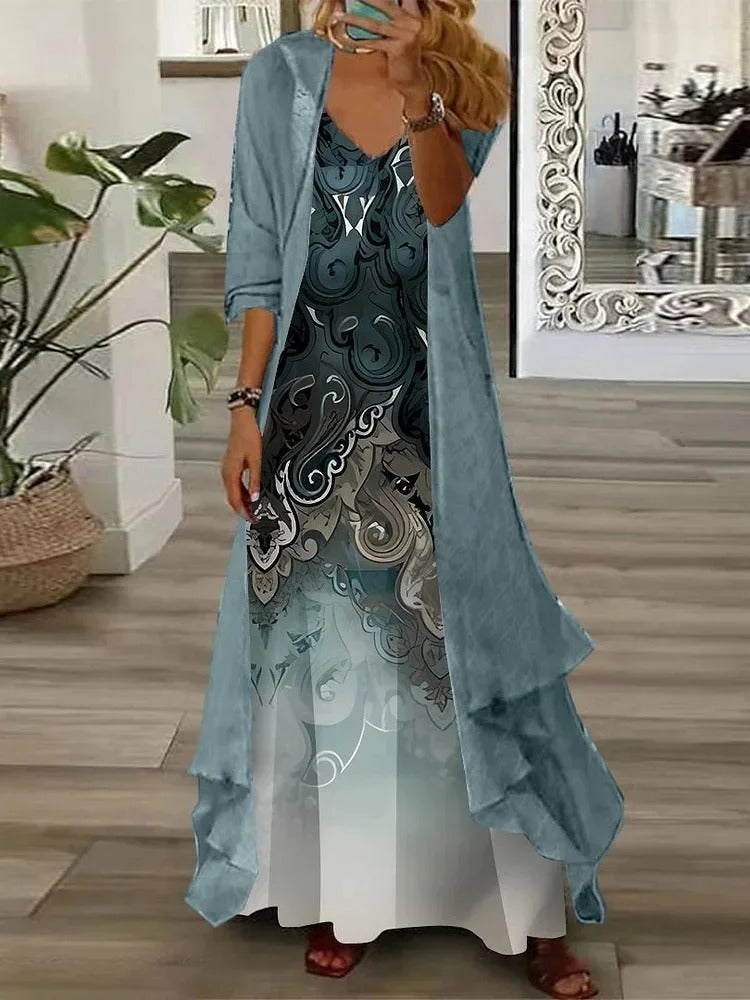 Chic Digital Print Crop & Chiffon Set