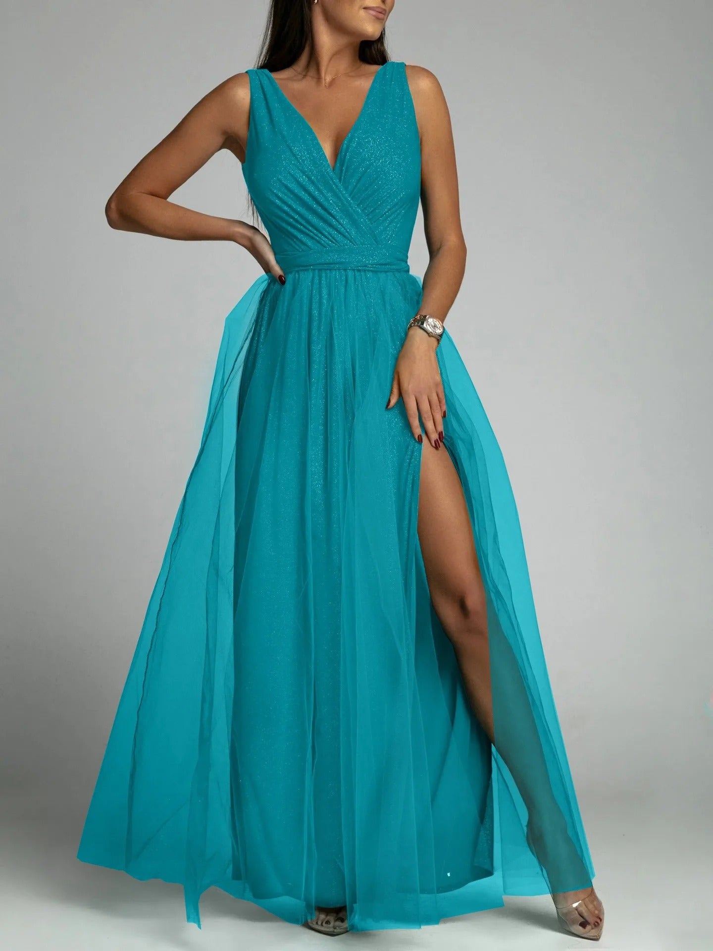 Elegant Mesh V-Neck Slit Dress