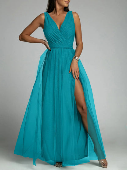 Elegant Mesh V-Neck Slit Dress