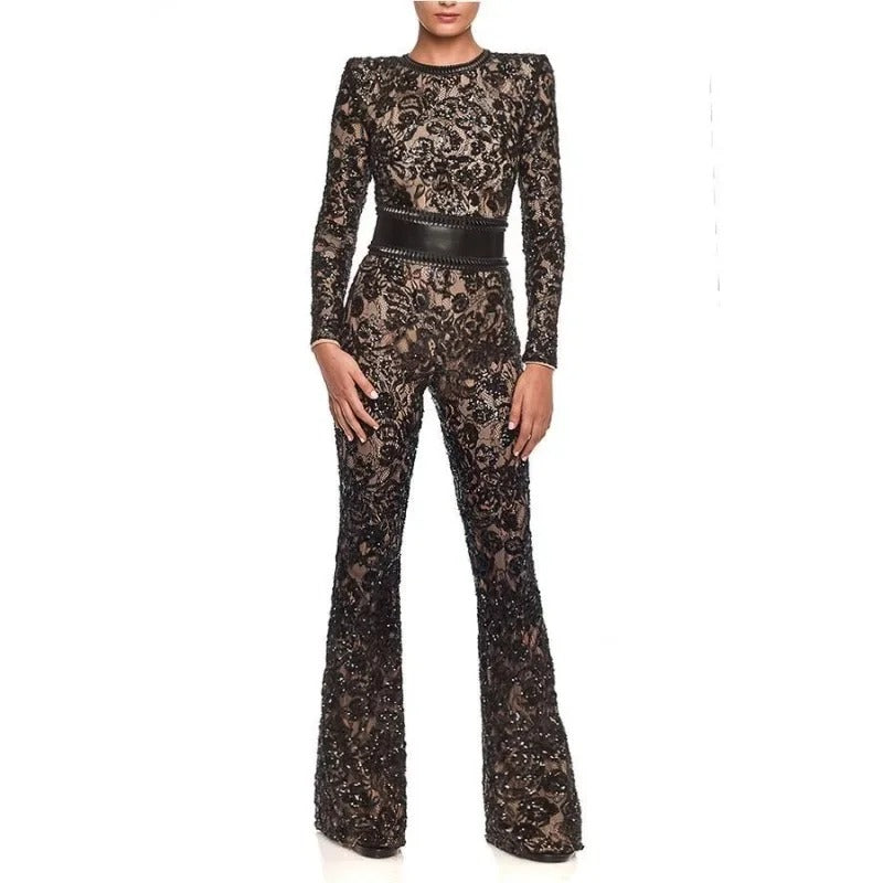 Elegant Lace Corset Jumpsuit with Flare Pants