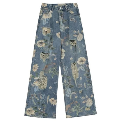 Vintage Floral Ripped Wide Leg Jeans