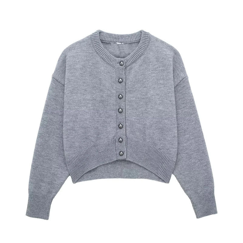 Women’s Gray High-Waist Button-Detail Knitted Coat