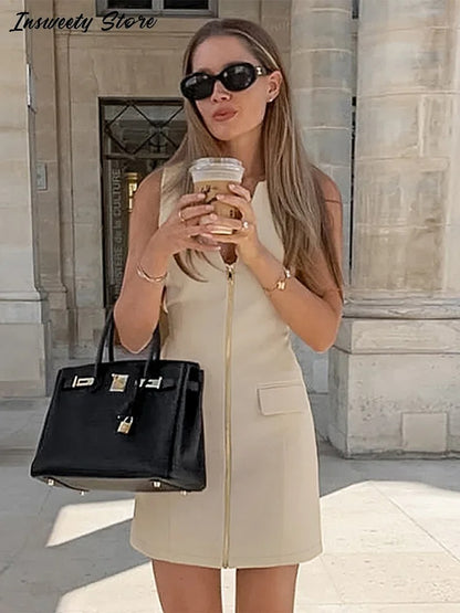 Elegant V-Neck Zipper Mini Dress