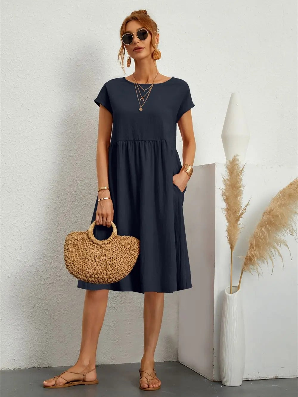 Women’s Vintage O-Neck Casual Summer Dress with Pockets