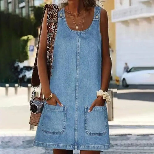 Solid Color Faux Denim Mini Dress