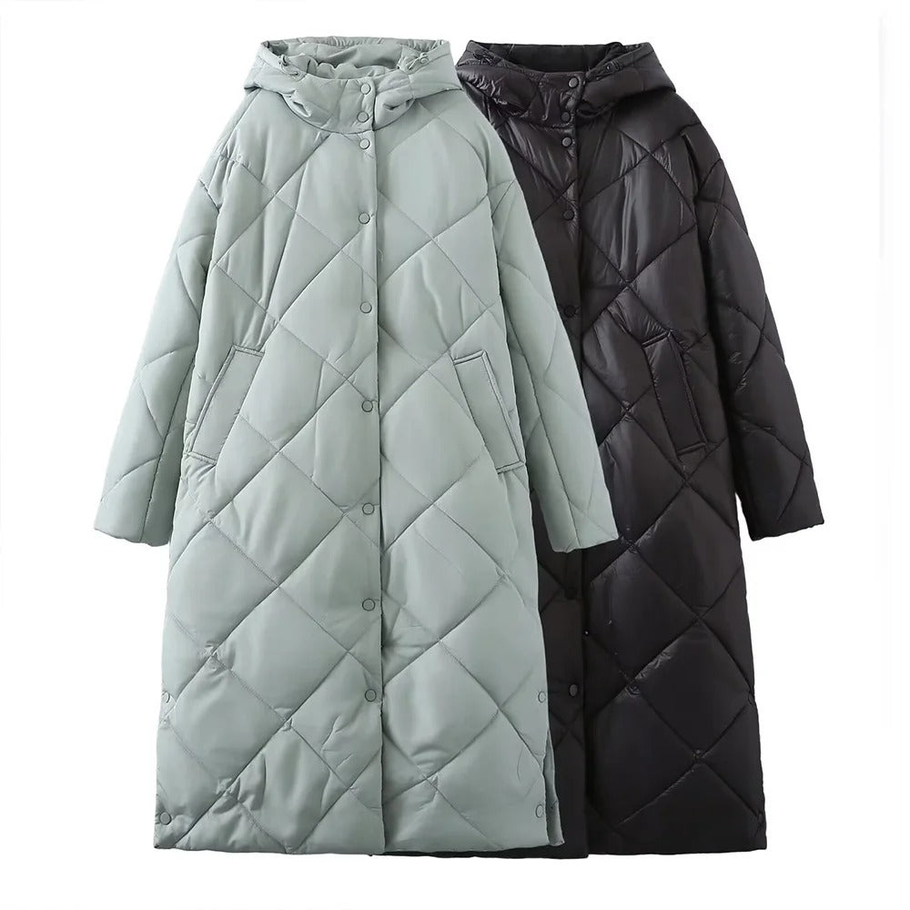 Dual Tone Dot Dash Quilted Hooded Coat