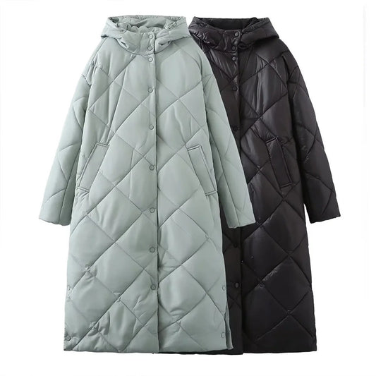 Dual Tone Dot Dash Quilted Hooded Coat