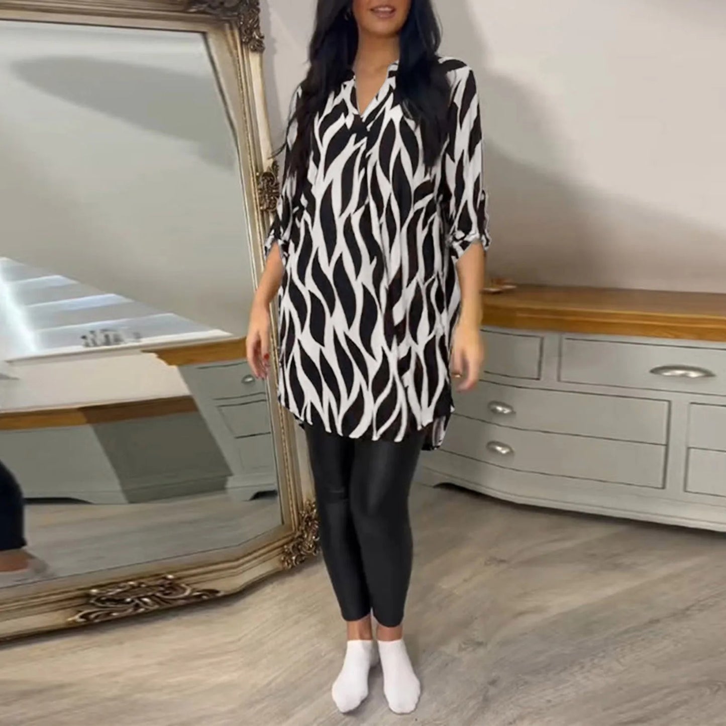Printed Chiffon Notch Shirt