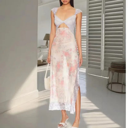 Rose Whisper Lace Floral Slit Dress