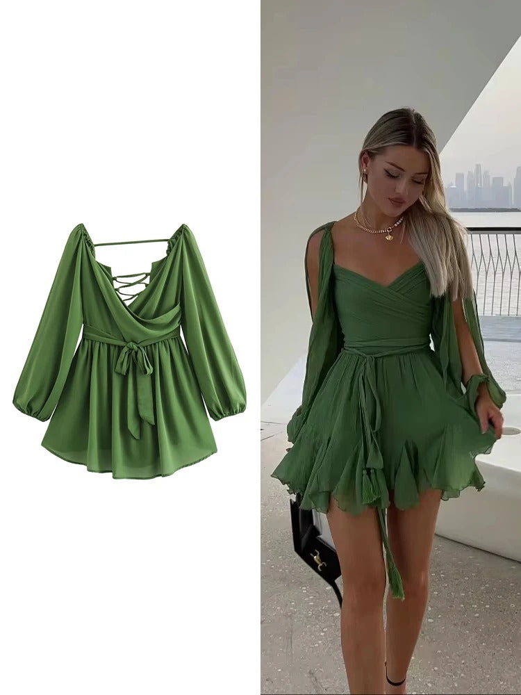 Chic Backless Pleated Tie Mini Dress