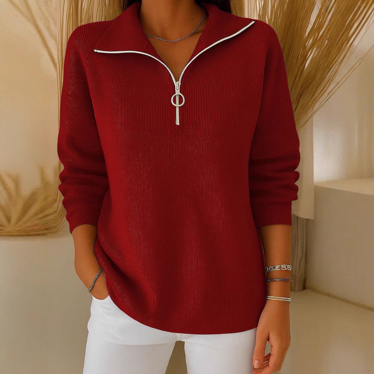 Women's Casual Loose Half-open Collar Zipper Sweater