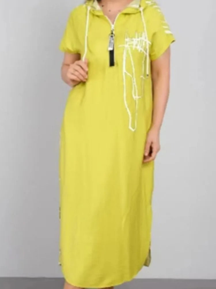 Hooded Maxi Dress with Spliced Print