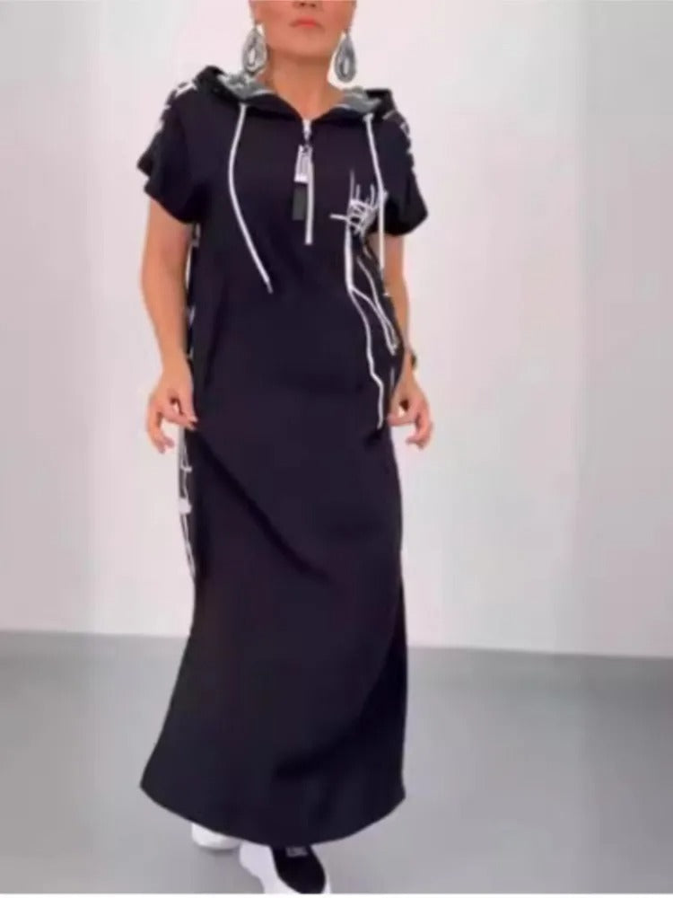 Hooded Maxi Dress with Spliced Print