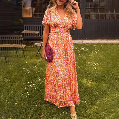 Elegant Floral V-neck Beach Dress