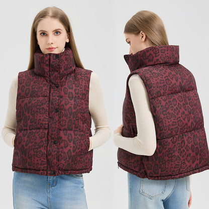 Leopard Print Stand Collar Cotton Vest