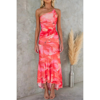 One-Shoulder Floral Ruffle Maxi Dress