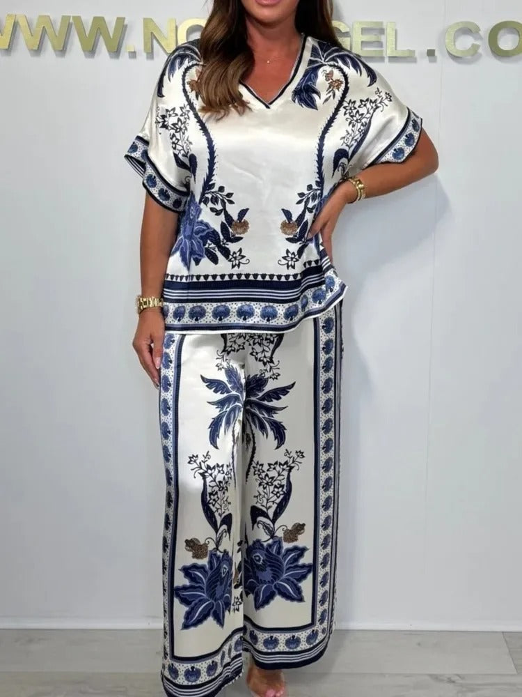 Satin Breeze V-Neck Two-Piece Set