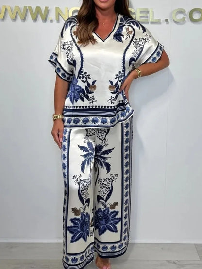 Satin Breeze V-Neck Two-Piece Set