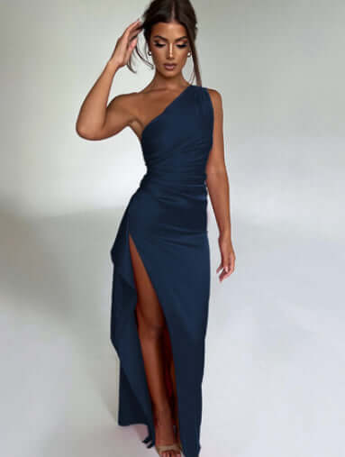 Elegant One-Shoulder Satin Slit Dress Rich Allure