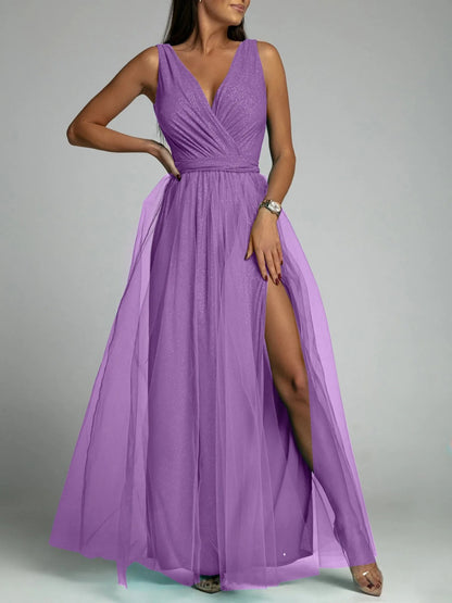 Elegant Mesh V-Neck Slit Dress