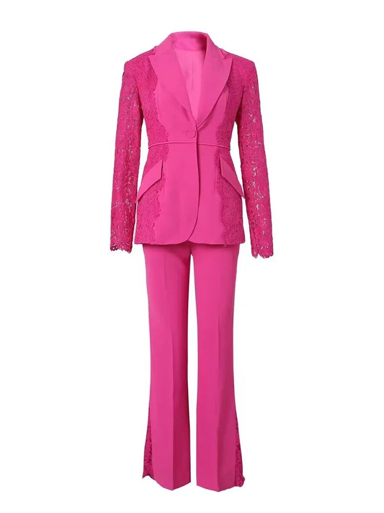 High Street Designer Lace Blazer & Flare Pants Set