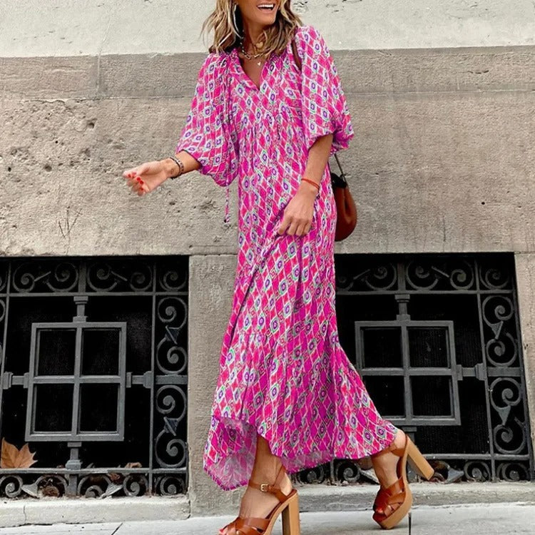 Geometric Print Bubble Sleeve Dress