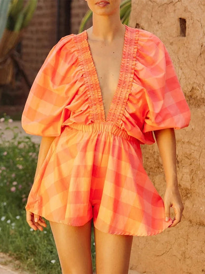 Plaid Charm V-Neck Summer Romper