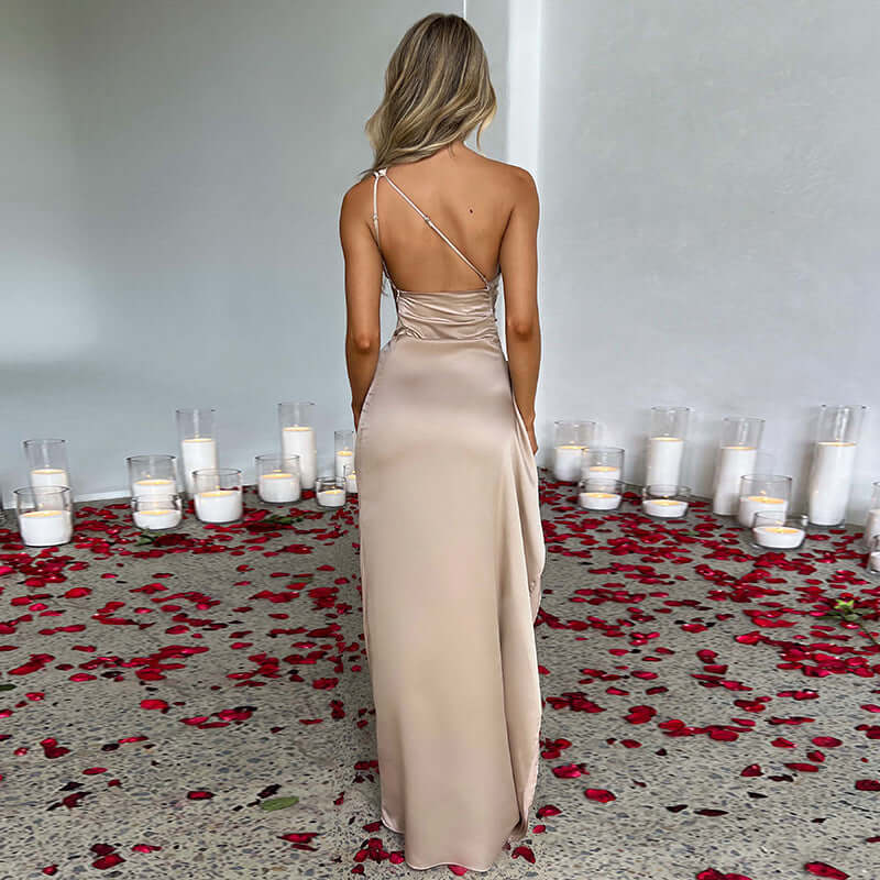 Elegant One-Shoulder Satin Slit Dress Rich Allure