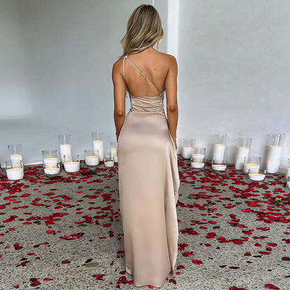 Elegant One-Shoulder Satin Slit Dress Rich Allure