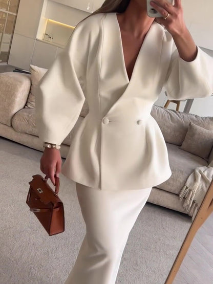 Ruffled V-neck Long Coat