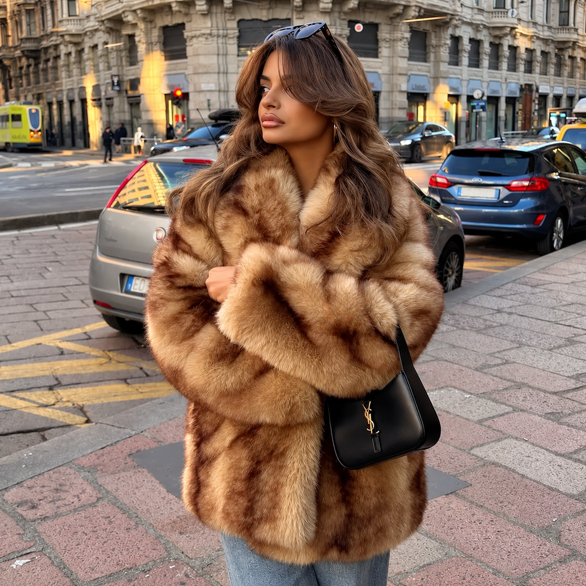 Women’s Luxury Yellow Striped Faux Fur Coat