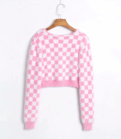 Rose Whisper V-Neck Plaid Cardigan