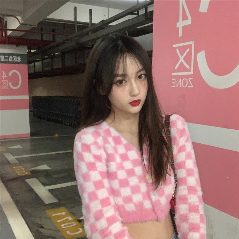 Rose Whisper V-Neck Plaid Cardigan